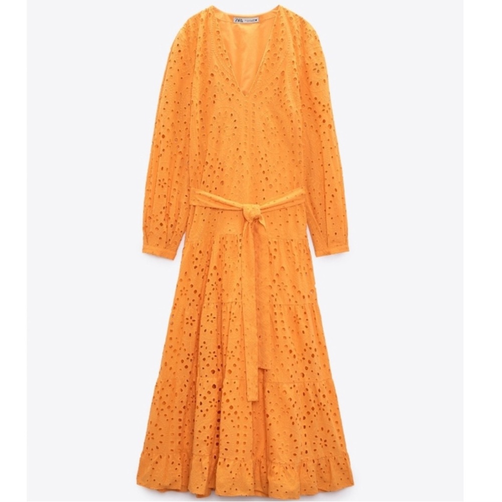 Zara belted embroidery eyelet maxi dress 100% Cotton